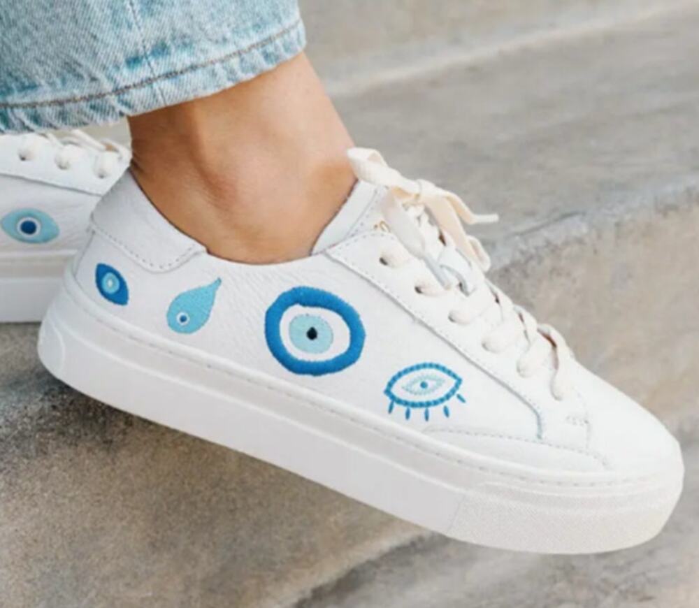 Soludos Ibiza Evil Eye White Leather Platform Sneakers Women's Size 7.5 Y2K